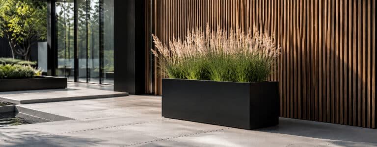 Schwarzer Fiberglas-Pflanzkübel mit blühendem Ziergras auf einer modernen Terrasse