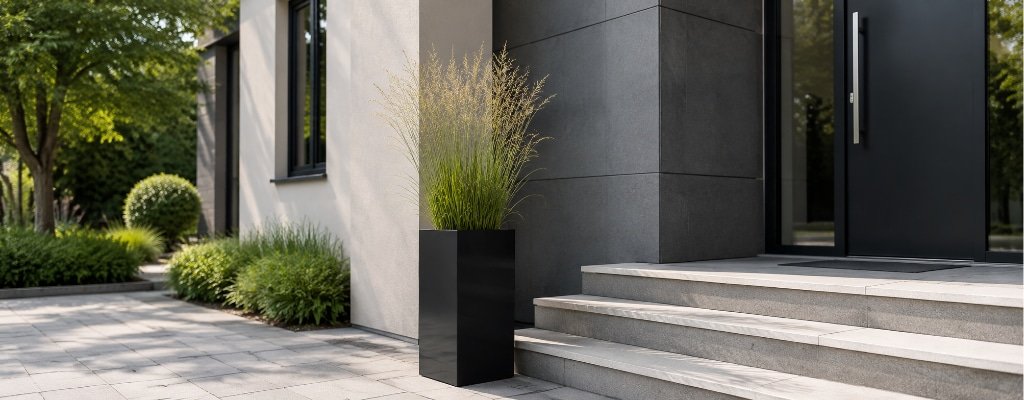 Hoher schwarzer Fiberglas-Pflanzkübel mit Ziergras vor modernem Haus neben Treppenstufen