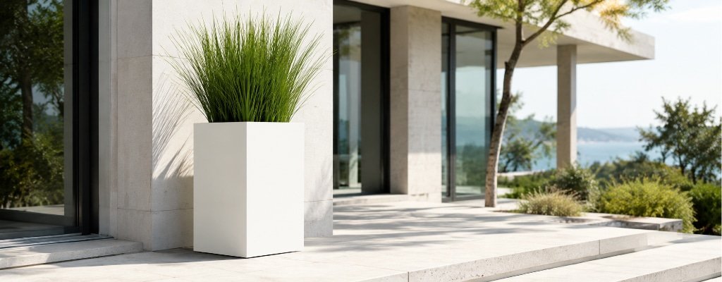 Moderner weißer Fiberglas-Pflanzkübel mit dekorativem Grün auf heller Terrasse vor moderner Hausfassade