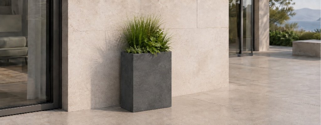 Hoher Fiberglas-Pflanzkübel in grauer Betonoptik mit grüner Bepflanzung auf moderner Terrasse