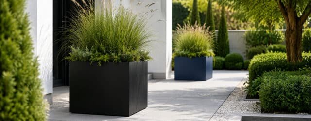 Moderne Fiberglas-Pflanzkübel in Schwarz und Blau mit grüner Bepflanzung auf einem hellen Gartenweg