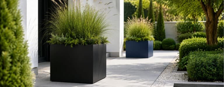 Moderne Fiberglas-Pflanzkübel in Schwarz und Blau mit grüner Bepflanzung auf einem hellen Gartenweg