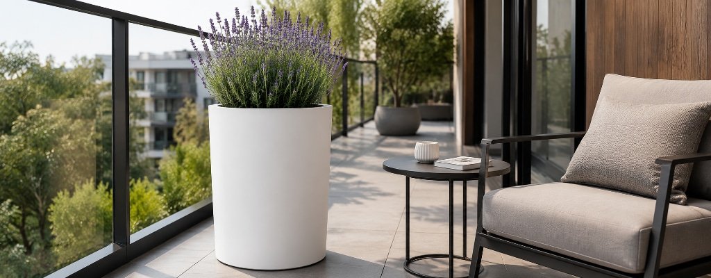Moderner weißer Fiberglas-Pflanzkübel hoch mit Lavendel auf hellem Balkon mit Sessel und kleinem Tisch