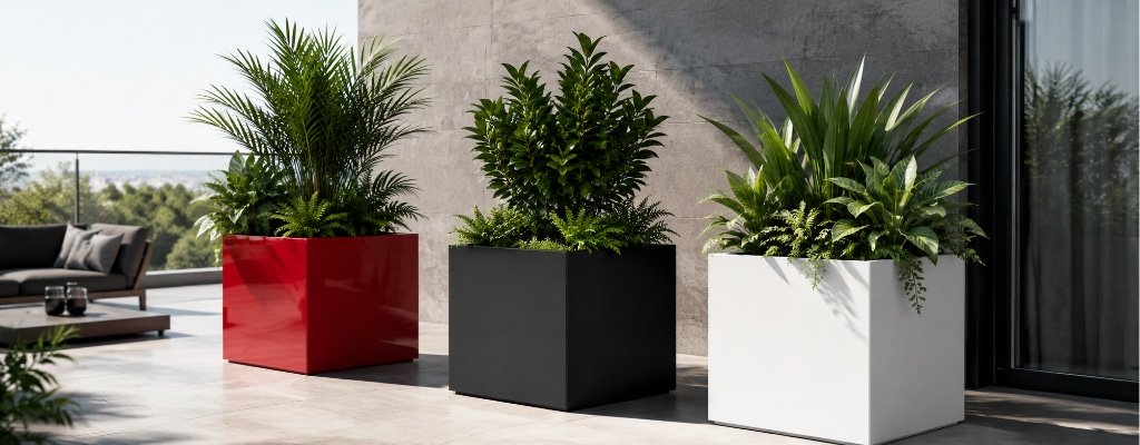 Drei große Fiberglas-Pflanzkübel xxl in Rot, Schwarz und Weiß mit grünen Pflanzen auf einer modernen Terrasse