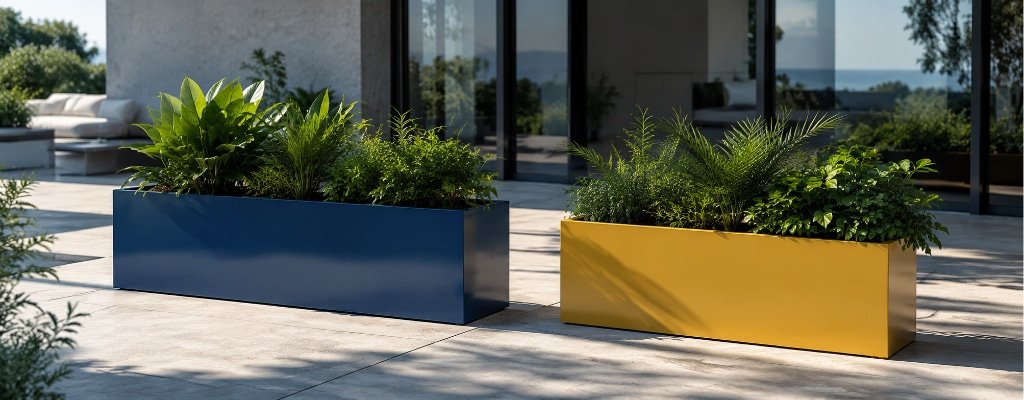 Zwei große Fiberglas-Pflanzkübel in Blau und Gelb mit grüner Bepflanzung auf einer modernen Terrasse