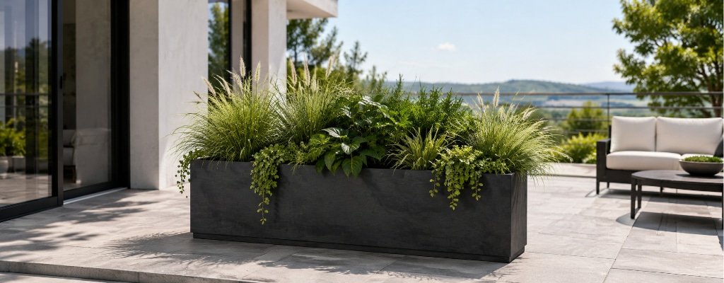 Schwarzer rechteckiger Beton-Pflanzkübel mit grünen Pflanzen auf einem modernen Terrassenbereich