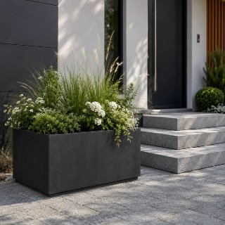 Schwarzer Pflanzkübel Geraldo 3 aus Beton mit grüner Bepflanzung und weißen Blüten neben Treppenstufen am modernen Hauseingang