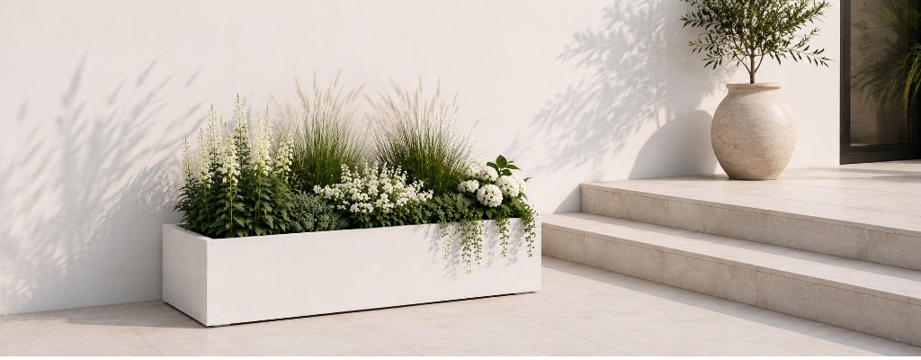 Weißer Pflanzkübel Violetta 3 aus Beton mit grüner Bepflanzung, weißen Blüten und Ziergräsern vor hellem, modernem Hauseingang