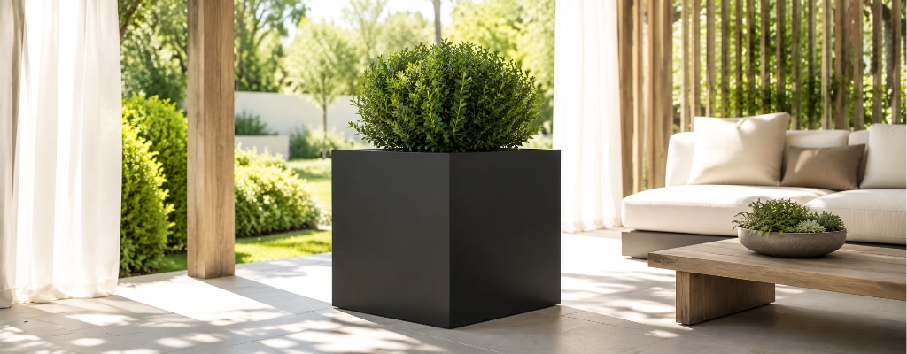 Schwarzer Pflanzkübel aus Fiberglas in modernem Design in einer hellen, sonnigen Gartenlaube