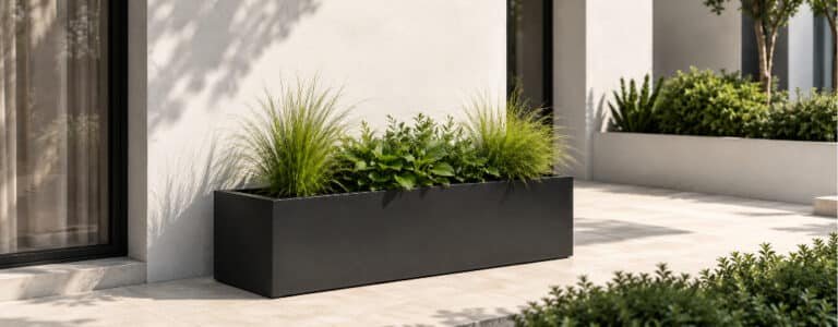 Schwarzer Fiberglas-Pflanzkübel mit grünen Pflanzen auf einer sonnigen Terrasse
