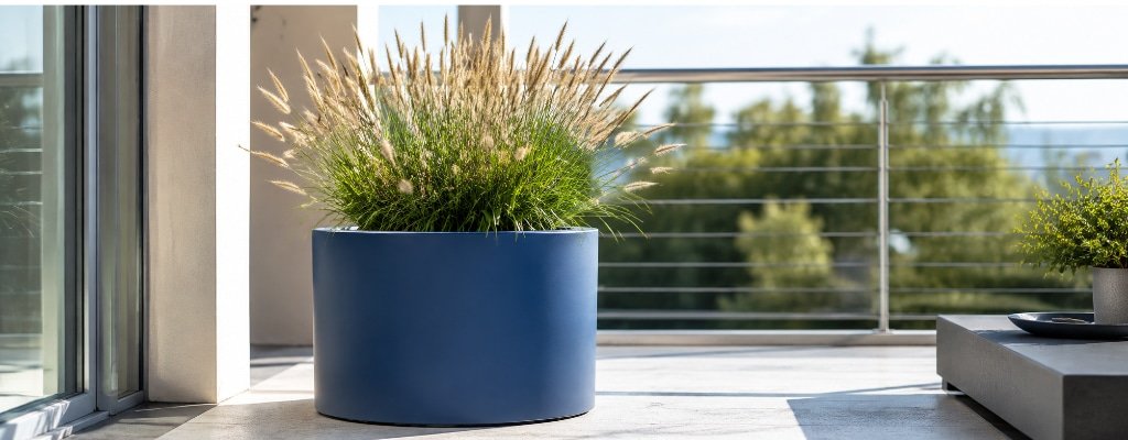 Blauer Pflanzkübel aus Fiberglas mit blühendem Ziergras auf einem sonnigen Balkon