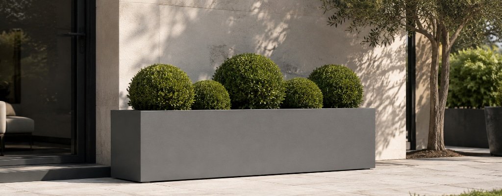 Pflanzkübel aus Fiberglas xxl- Emilio 6 mit mehreren kugelförmig geschnittenen Buchsbäumen vor einem modernen Hauseingang