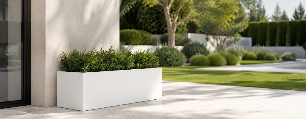 Camilio 3 rechteckiger Pflanzkübel aus Fiberglas in Weiß mit grünen Pflanzen für moderne Gärten und Terrassen