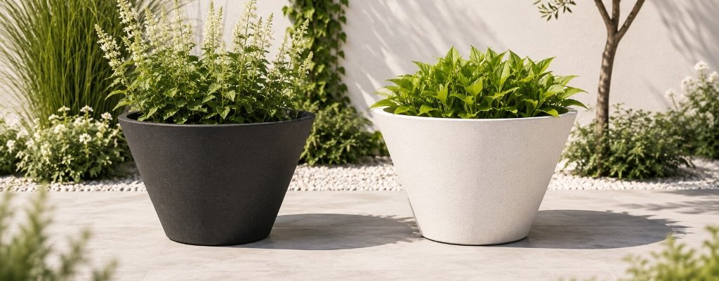 Pietro großer runder Pflanzkübel in Schwarz und Weiß mit Betonoptik für Garten und Terrasse