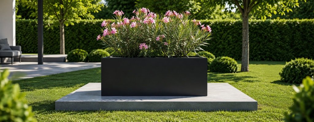 Schwarzer Fiberglas-Pflanzkübel Emilio 4 mit blühendem Oleander auf einem quadratischen Podest in einem sonnigen Garten
