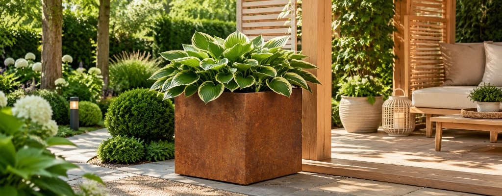 Quadratischer Cortenstahl-Pflanzkübel Cubi 3 mit Funkien neben einer hellen Holzpergola im sonnigen Garten