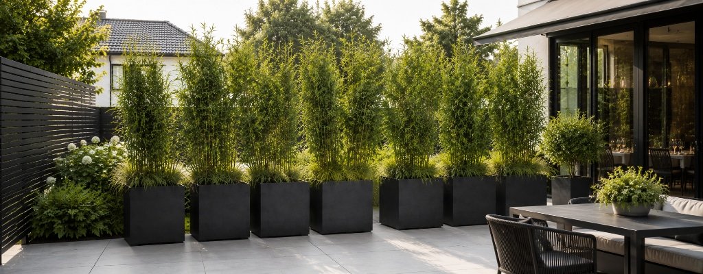 Pflanzkübel Claudia in schwarzer Betonoptik mit Bambus als moderner Sichtschutz auf einer hellen Terrasse