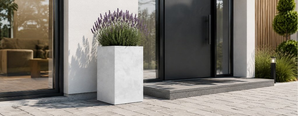 Pflanzkübel Laura in weißer Betonoptik mit Lavendel vor einem modernen Hauseingang