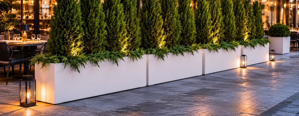 Pflanzkübel Luca in weißer Betonoptik mit Thuja als stilvoller Sichtschutz vor einer modernen Restaurantterrasse