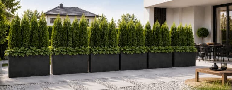 Pflanzkübel Manuel in schwarzer Betonoptik mit immergrüner Bepflanzung als Sichtschutz auf einer modernen Terrasse