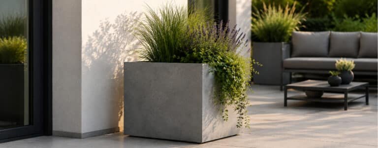 Pflanzkübel Laura in Betonoptik mit Ziergräsern und grünen Pflanzen auf einer modernen Terrasse.