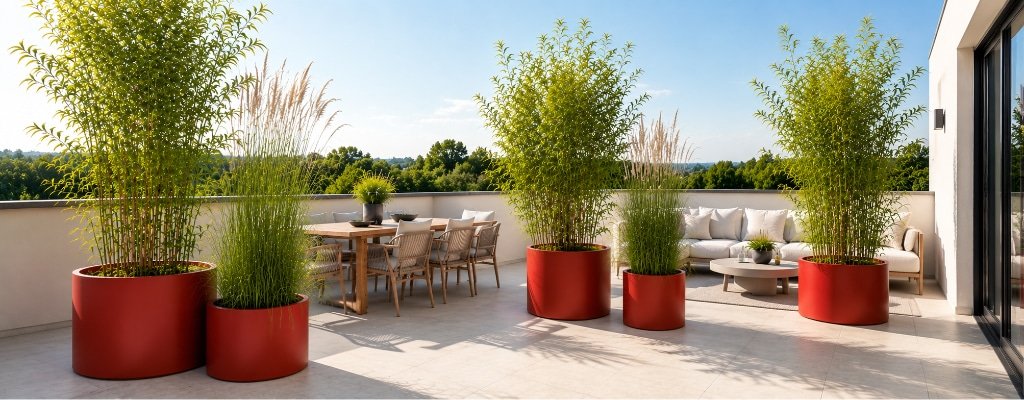 Rote runde Pflanzkübel mit hohen Gräsern und Bambus als Sichtschutz auf einer sonnigen Terrasse