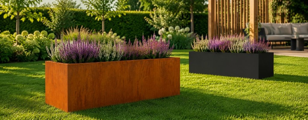 Zwei Pflanzkübel ohne Boden aus Cortenstahl und Aluminium Anthrazit mit Heidepflanzen auf einer sonnigen Rasenfläche neben einer modernen Gartenlaube