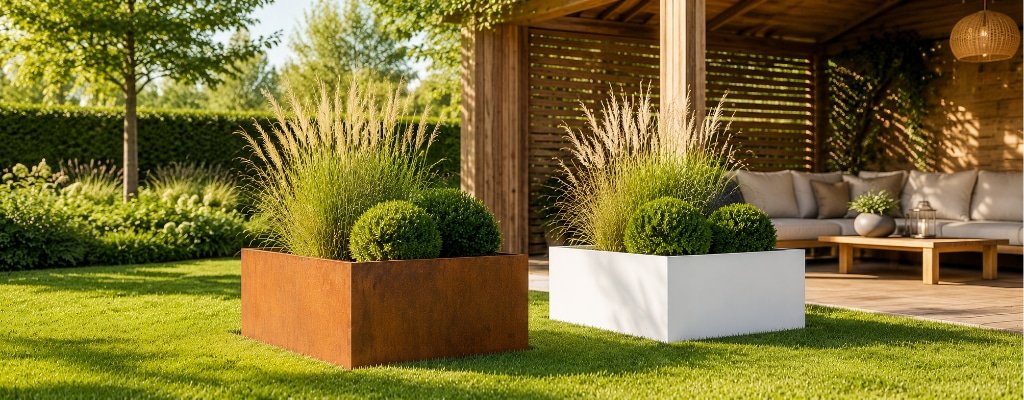 Quadratische Pflanzkübel ohne Boden aus Cortenstahl und weißem Aluminium auf einer Rasenfläche neben einer modernen Gartenlaube, bepflanzt mit Ziergräsern und Buchsbaum