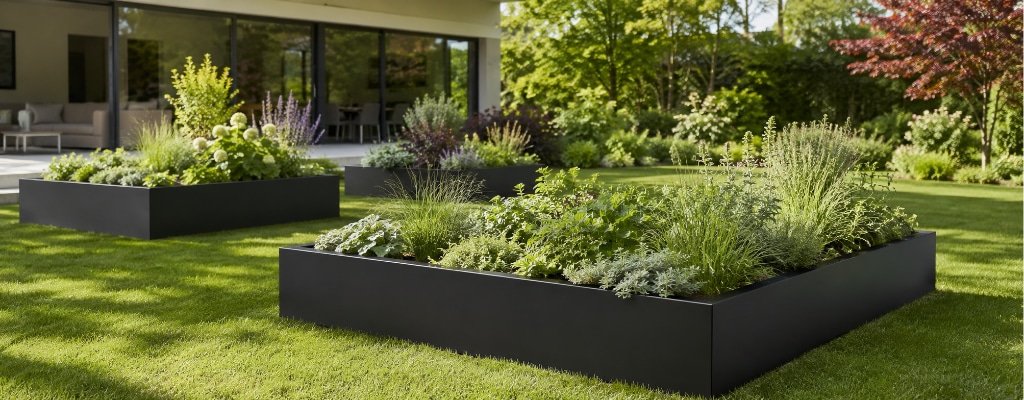 Aluminium Pflanzkübel ohne Boden in Schwarz als Hochbeete mit grüner Bepflanzung im Garten