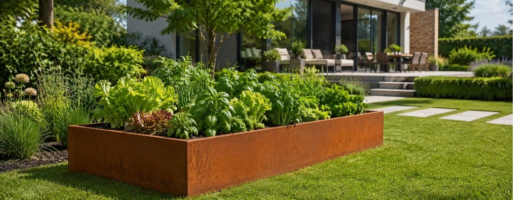 Pflanzkübel ohne Boden aus Cortenstahl mit Gemüse und Kräutern im modernen Garten