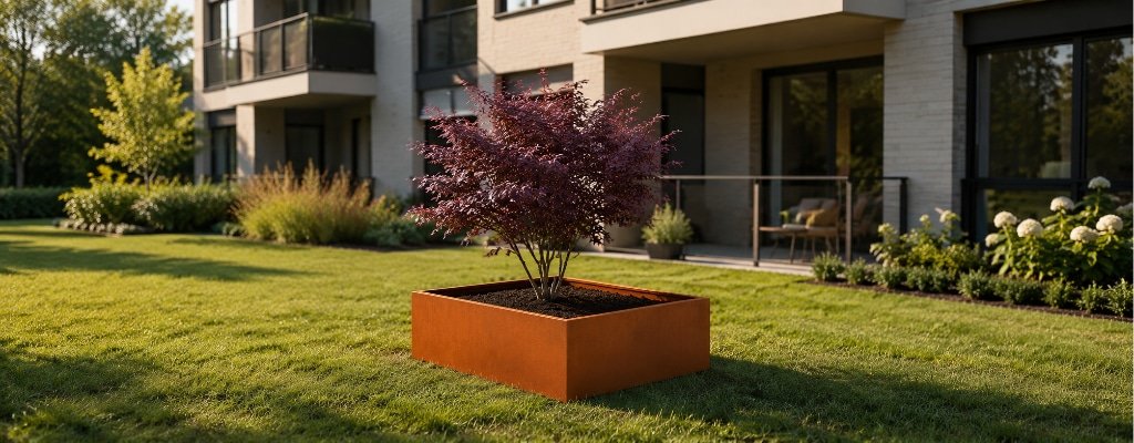 Cortenstahl Pflanzkübel ohne Boden mit kleinem violettem Baum vor einem Wohnblock auf dem Rasen