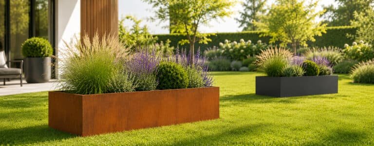 Pflanzkübel ohne Boden aus Cortenstahl mit Gräsern und violetten Stauden im sonnigen Garten, im Hintergrund ein anthrazitfarbener Aluminium Pflanzkübel