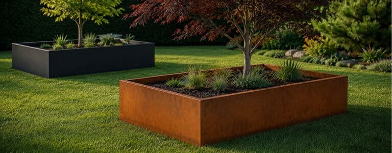 Pflanzkübel ohne Boden aus Cortenstahl und schwarzem Aluminium mit kleinen Bäumen im Garten