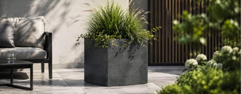 Moderner Pflanzkübel in Betonoptik mit grüner Bepflanzung auf einer Terrasse