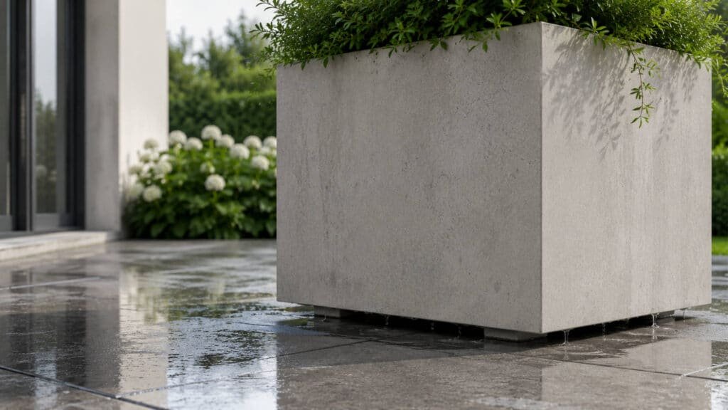 Großer Beton-Pflanzkübel mit gesunder Bepflanzung und funktionierender Drainage. Nach dem Regen kann überschüssiges Wasser kontrolliert ablaufen, wodurch Staunässe und mögliche Frostschäden vermieden werden.