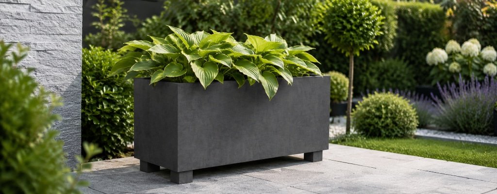 Grauer rechteckiger Beton-Pflanzkübel mit grünen Hostas in einem gepflegten Garten