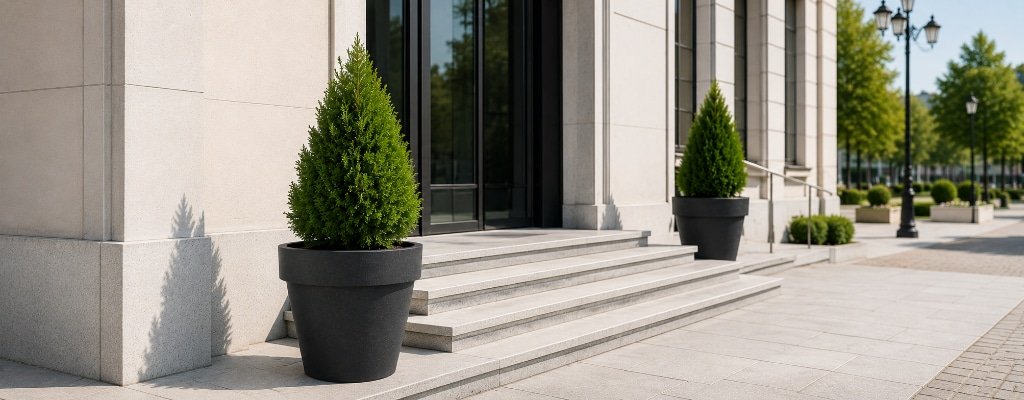 Schwarzer Pflanzkübel Isabelle aus Beton mit grüner Thuja vor einem hellen Gebäude mit Treppenstufen