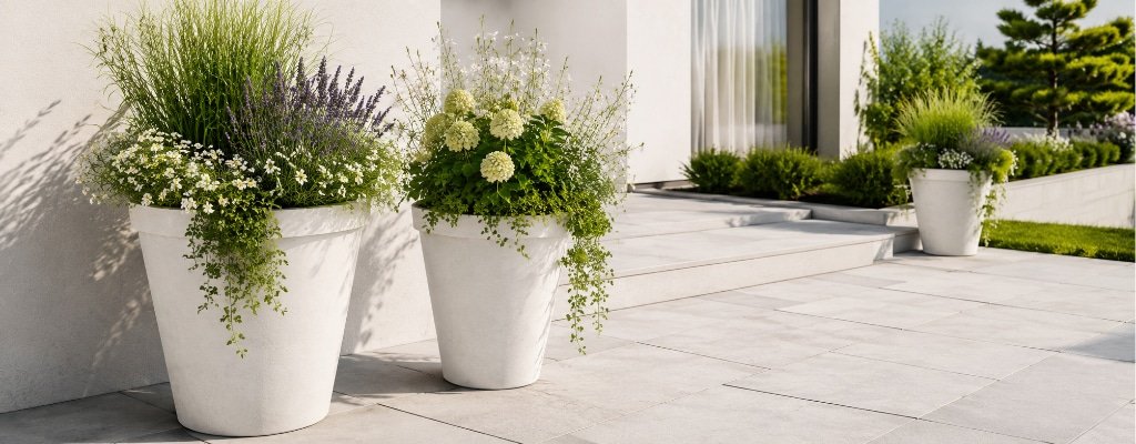 Weiße Pflanzkübel Ricardo aus Beton mit Lavendel, Ziergräsern und weißen Blüten auf einer sonnigen modernen Terrasse