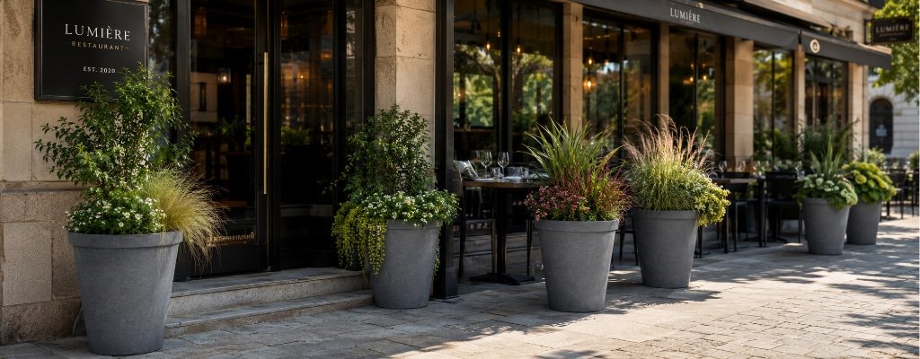 Mehrere graue Betonpflanzkübel Ricardo mit abwechslungsreicher Bepflanzung stehen im Außenbereich einer Restaurantterrasse und schaffen ein elegantes, einladendes Ambiente