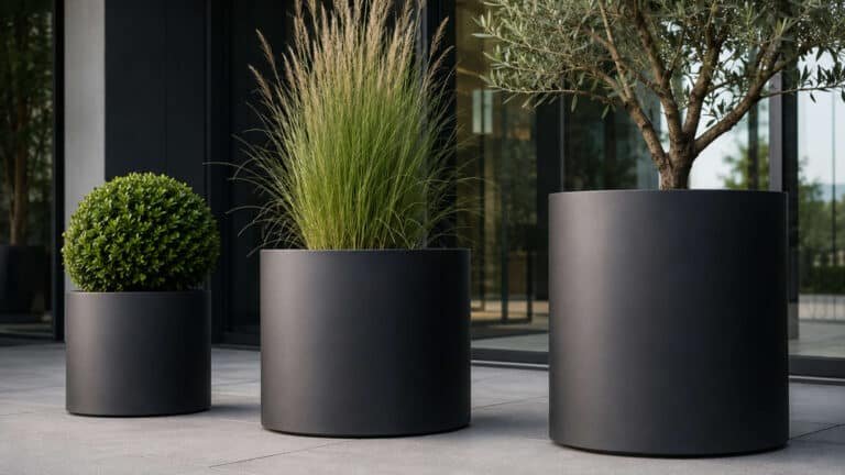 Drei runde, matte Aluminium Pflanzkübel in Schwarz vor einer modernen Glasfassade, bepflanzt mit Buchsbaum, Ziergras und Olivenbaum.