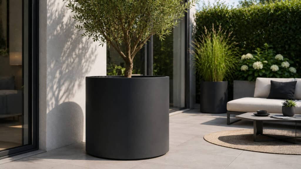 Großer runder Aluminium Pflanzkübel in Anthrazit mit Olivenbaum auf einer modernen Terrasse mit Glasfront, Lounge-Möbeln und weiterer Bepflanzung im Hintergrund.