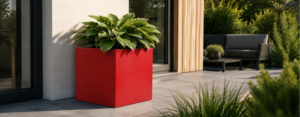 Roter Camilio 1 Pflanzkübel mit Hosta auf einer sonnigen Terrasse