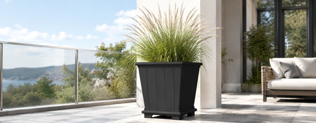 Schwarzer Country Home Pflanzkübel aus Fiberglas mit blühendem Ziergras auf einer sonnigen Terrasse