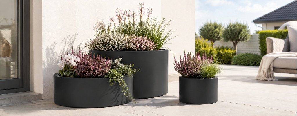 Schwarze Daria 1 Pflanzkübel mit Blumen auf einer sonnigen Terrasse am Haus