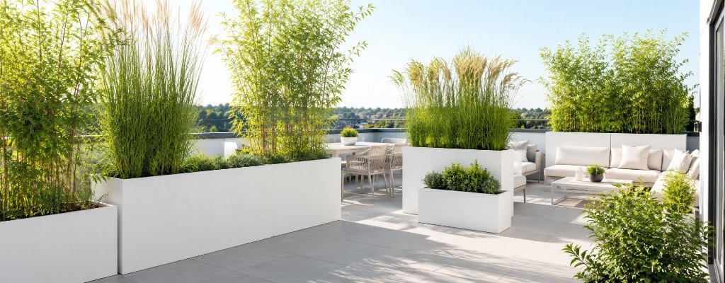 Weiße rechteckige Pflanzkübel mit hohen Sichtschutzpflanzen auf einer sonnigen modernen Terrasse
