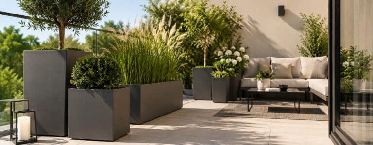 Moderne Terrassen Pflanzkübel in verschiedenen Größen mit grünen Pflanzen auf einer sonnigen Terrasse
