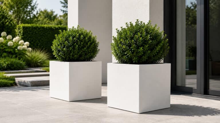 Weiße quadratische Pflanzkübel aus Fiberglas auf moderner Terrasse – wetterfest, UV-beständig und ideal für den Outdoor-Einsatz