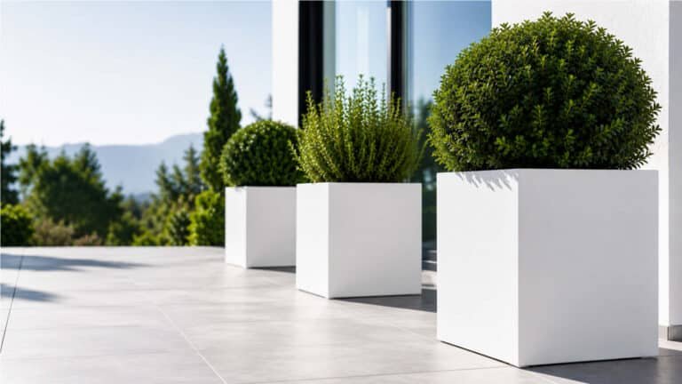 Weiße Pflanzkübel in RAL 9016 mit grünen Pflanzen auf einer modernen Terrasse im Außenbereich.