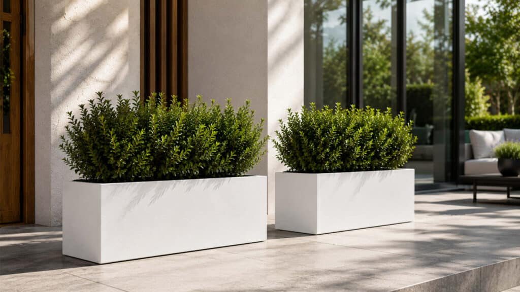 Weiße rechteckige Pflanzkübel aus Fiberglas mit grünen Sträuchern auf moderner Terrasse – wetterfest und ideal für den Outdoor-Einsatz