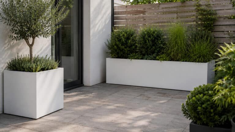 Weiße quadratische und rechteckige Pflanzkübel aus Fiberglas auf einer modernen Terrasse mit grüner Bepflanzung